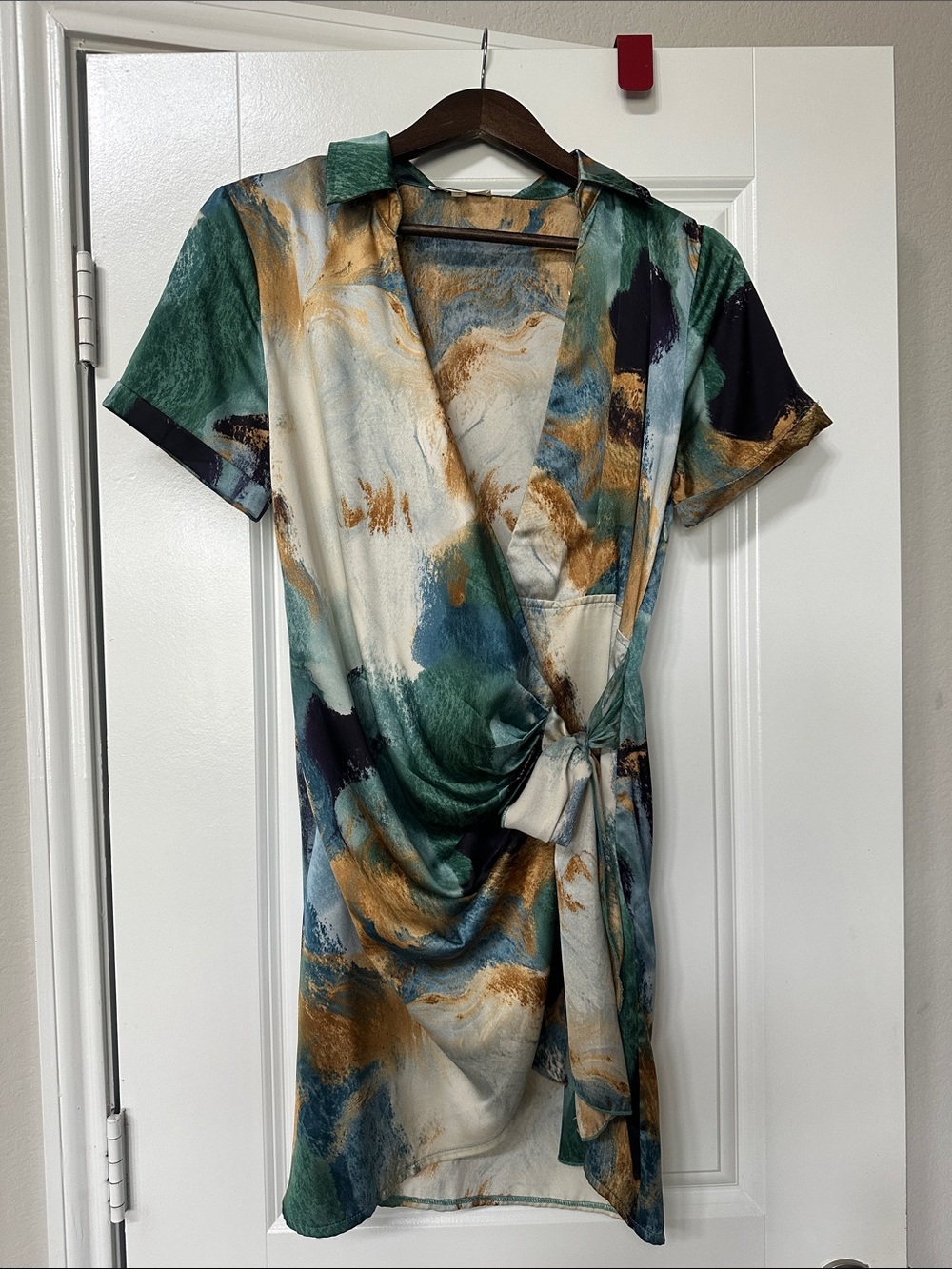Blush Green, Gold & Cream Abstract Wrap Mini Dress